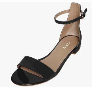 YDN Womens Block Low Heel Sandals Open Toe Ankle Strap Patent Flat Shoes Black